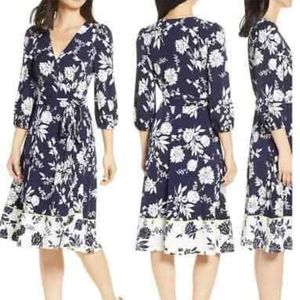 Eliza J Faux Wrap Navy White Floral 3/4 Sleeves Dress Size 16 NWT